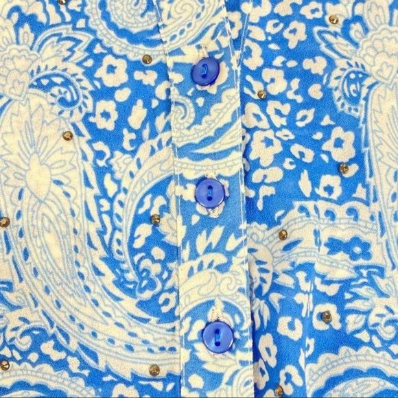 4/$25 Antilia Femme Top Blouse Tunic Blue Paisley 3/4 Roll Tab Sleeve Women Sz S - Picture 7 of 12